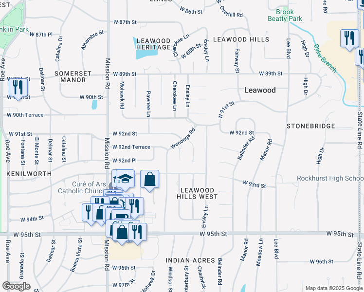 map of restaurants, bars, coffee shops, grocery stores, and more near 9215 Wenonga Road in Leawood