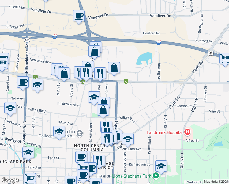 map of restaurants, bars, coffee shops, grocery stores, and more near 1109 North College Avenue in Columbia