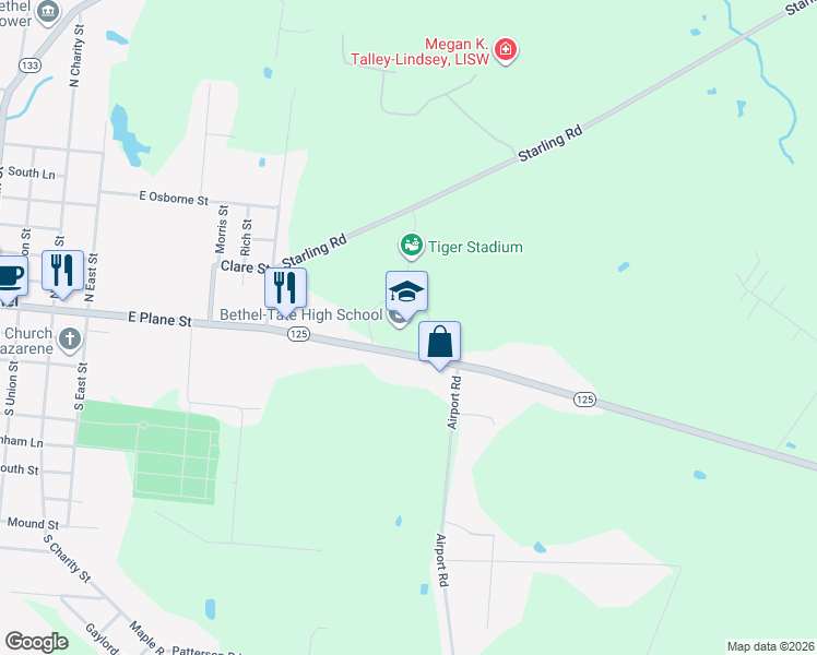 map of restaurants, bars, coffee shops, grocery stores, and more near 3420 Ohio 125 in Bethel