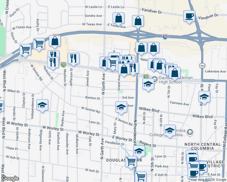 map of restaurants, bars, coffee shops, grocery stores, and more near 19 3rd Avenue in Columbia