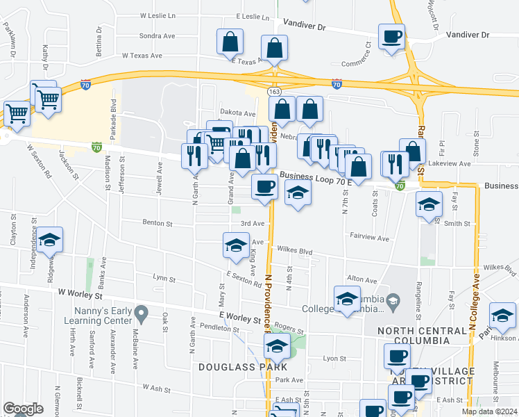 map of restaurants, bars, coffee shops, grocery stores, and more near 204 East Forest Avenue in Columbia