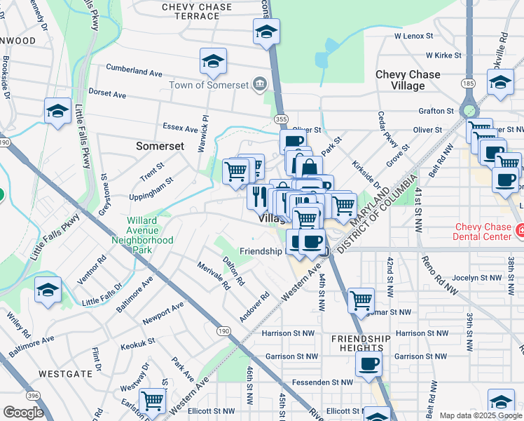 map of restaurants, bars, coffee shops, grocery stores, and more near 5500 Friendship Boulevard in Chevy Chase
