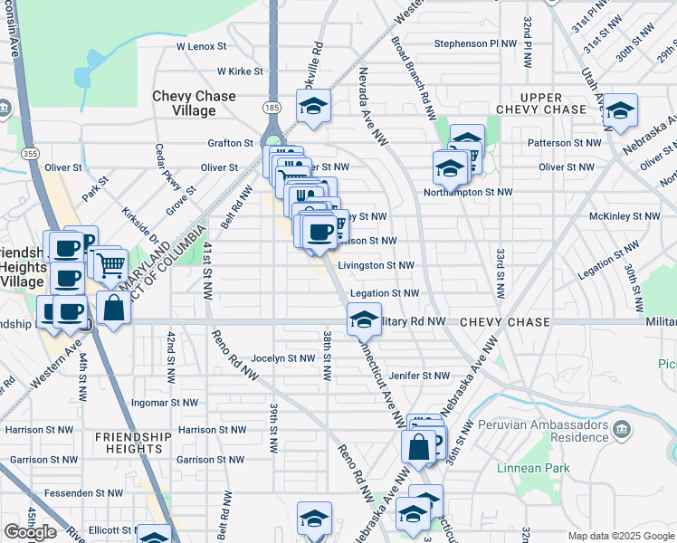 map of restaurants, bars, coffee shops, grocery stores, and more near 5437 Connecticut Avenue Northwest in Washington
