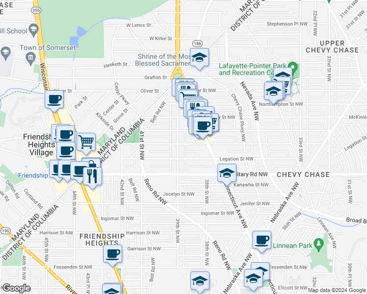 map of restaurants, bars, coffee shops, grocery stores, and more near 3828 Livingston Street Northwest in Washington