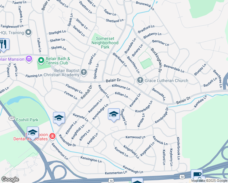 map of restaurants, bars, coffee shops, grocery stores, and more near 12506 Killian Lane in Bowie