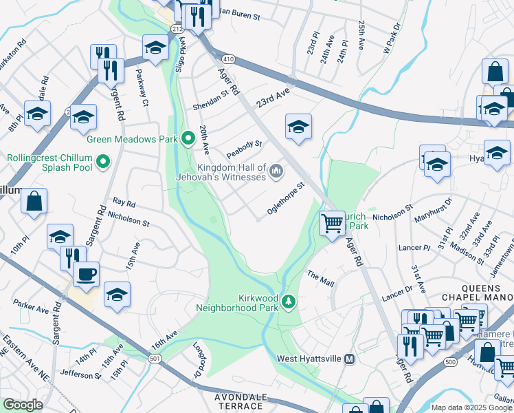 map of restaurants, bars, coffee shops, grocery stores, and more near 6021 20th Avenue in Hyattsville