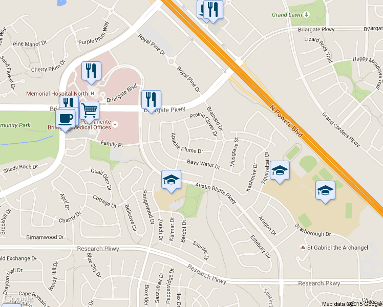 map of restaurants, bars, coffee shops, grocery stores, and more near 4348 Bays Water Drive in Colorado Springs