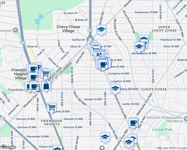 map of restaurants, bars, coffee shops, grocery stores, and more near 3828 Livingston Street Northwest in Washington