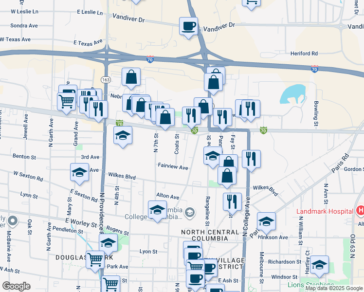 map of restaurants, bars, coffee shops, grocery stores, and more near 1101 North 8th Street in Columbia