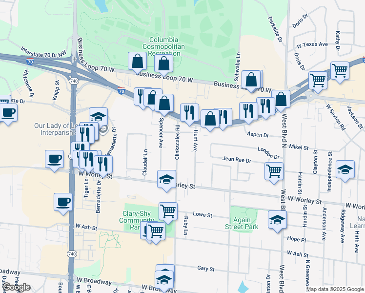 map of restaurants, bars, coffee shops, grocery stores, and more near 705 Hunt Avenue in Columbia