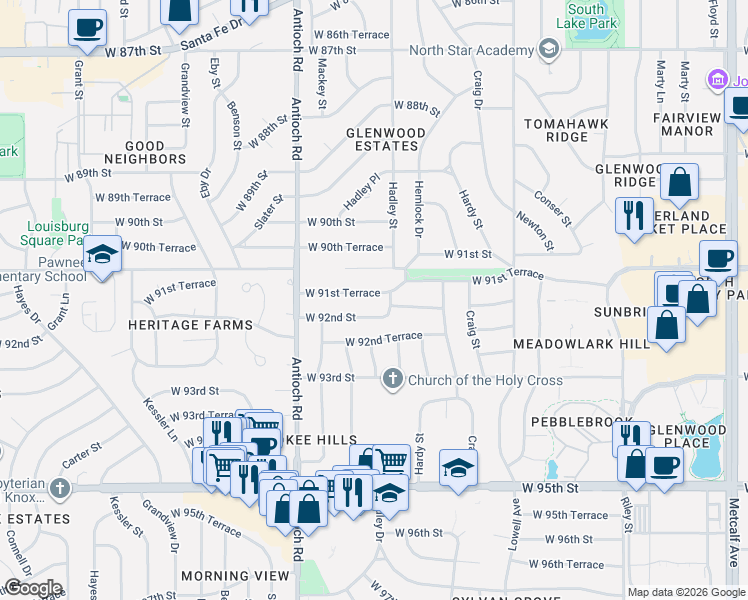 map of restaurants, bars, coffee shops, grocery stores, and more near 8312 West 92nd Street in Overland Park