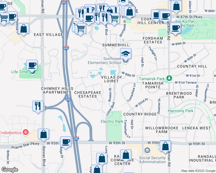 map of restaurants, bars, coffee shops, grocery stores, and more near 9136 Boehm Drive in Lenexa