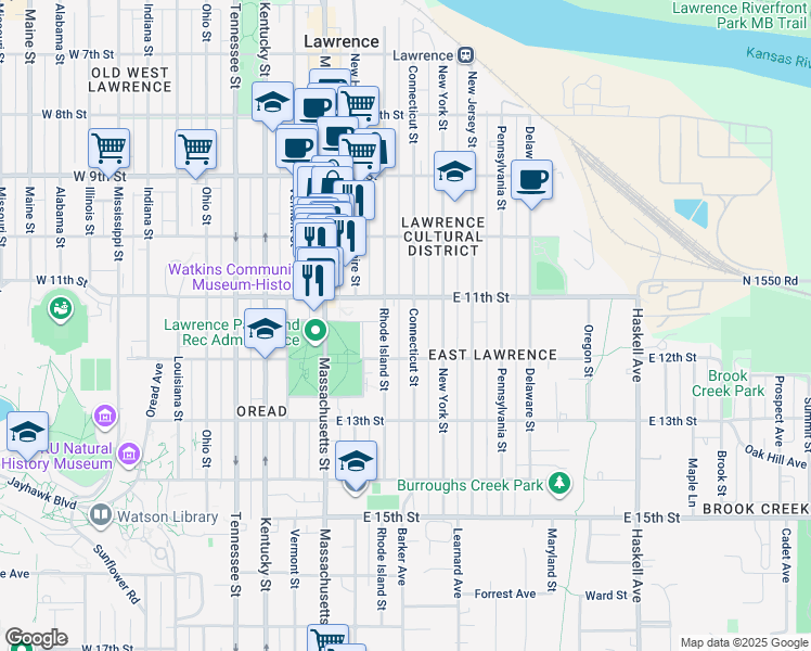 map of restaurants, bars, coffee shops, grocery stores, and more near 1123 Connecticut Street in Lawrence