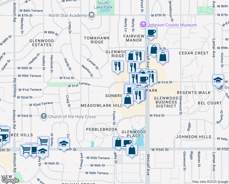 map of restaurants, bars, coffee shops, grocery stores, and more near 9201 Foster Street in Overland Park