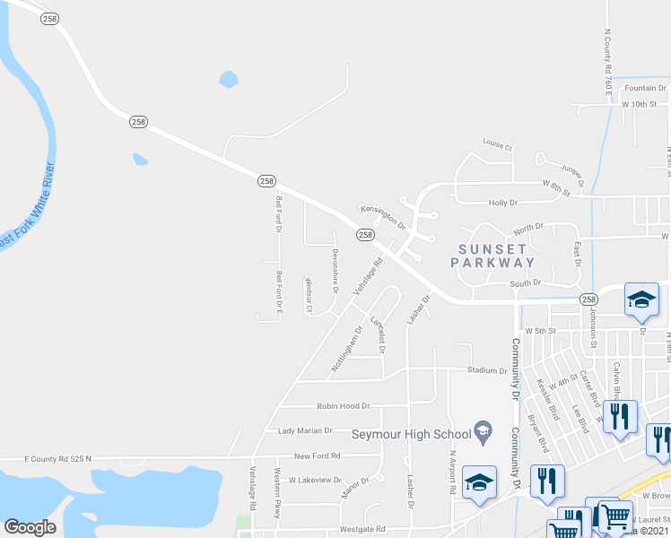 map of restaurants, bars, coffee shops, grocery stores, and more near 1656 Devonshire Drive in Seymour