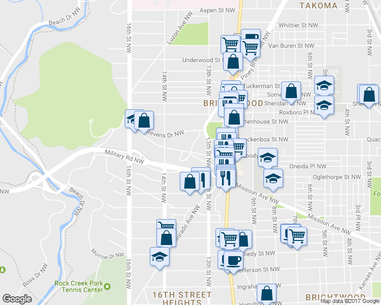 map of restaurants, bars, coffee shops, grocery stores, and more near 1731 Peabody St NW in Washington
