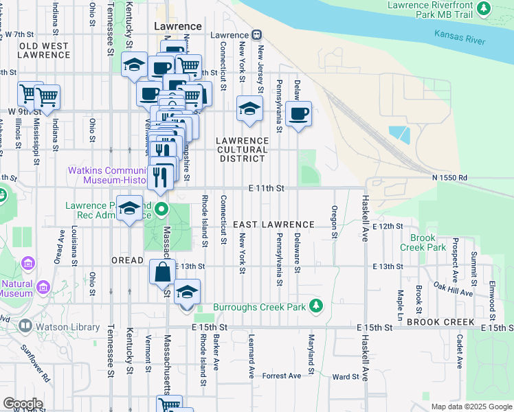 map of restaurants, bars, coffee shops, grocery stores, and more near 1123 New Jersey Street in Lawrence