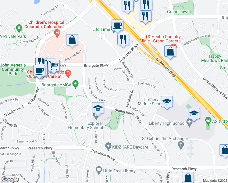 map of restaurants, bars, coffee shops, grocery stores, and more near 4319 Apache Plume Drive in Colorado Springs