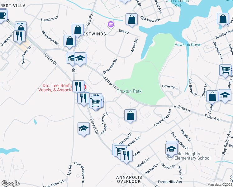 map of restaurants, bars, coffee shops, grocery stores, and more near 290 Hilltop Lane in Annapolis