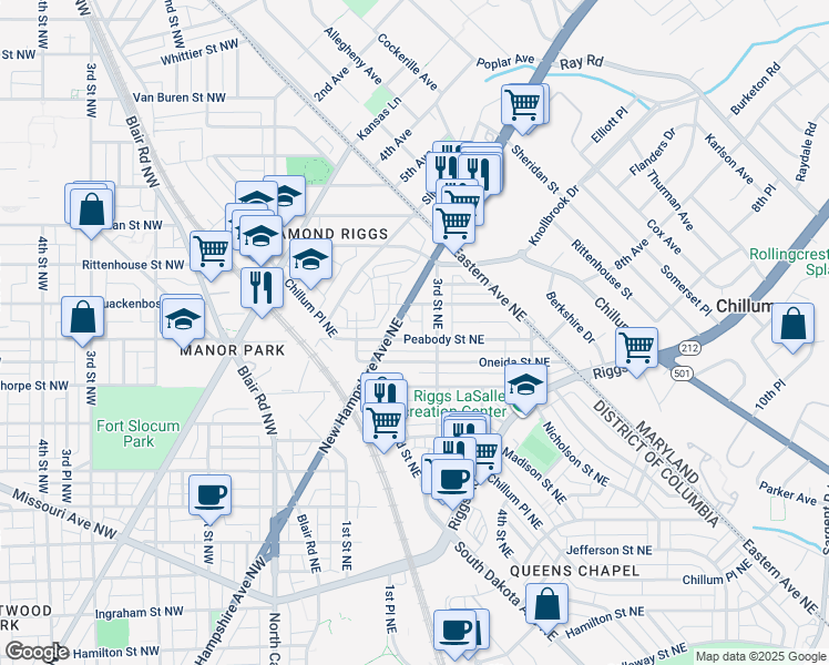 map of restaurants, bars, coffee shops, grocery stores, and more near 210 Peabody Street Northeast in Washington
