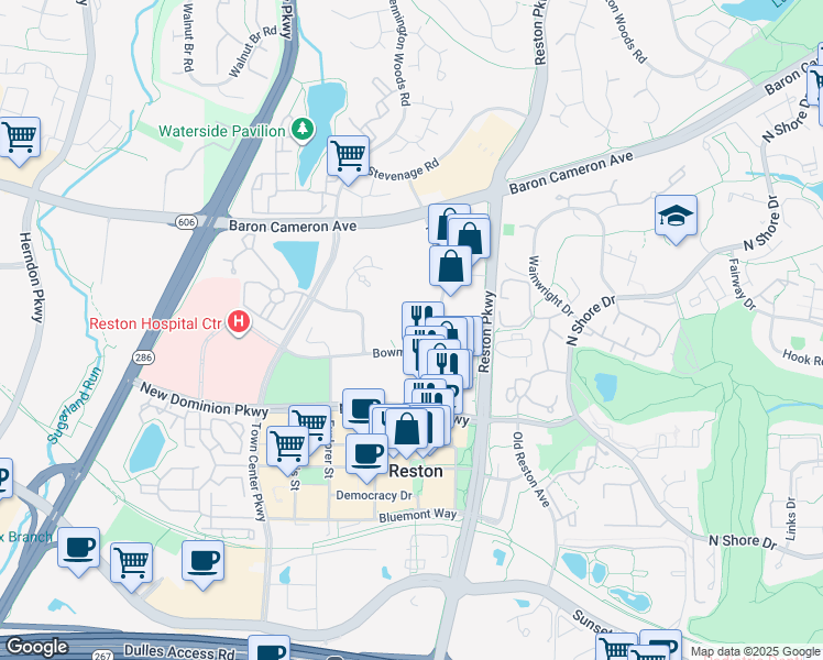 map of restaurants, bars, coffee shops, grocery stores, and more near 1778 Fountain Drive in Reston