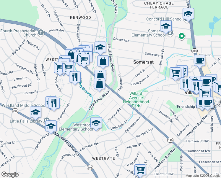 map of restaurants, bars, coffee shops, grocery stores, and more near River Rd & Little Falls Pkwy in Bethesda