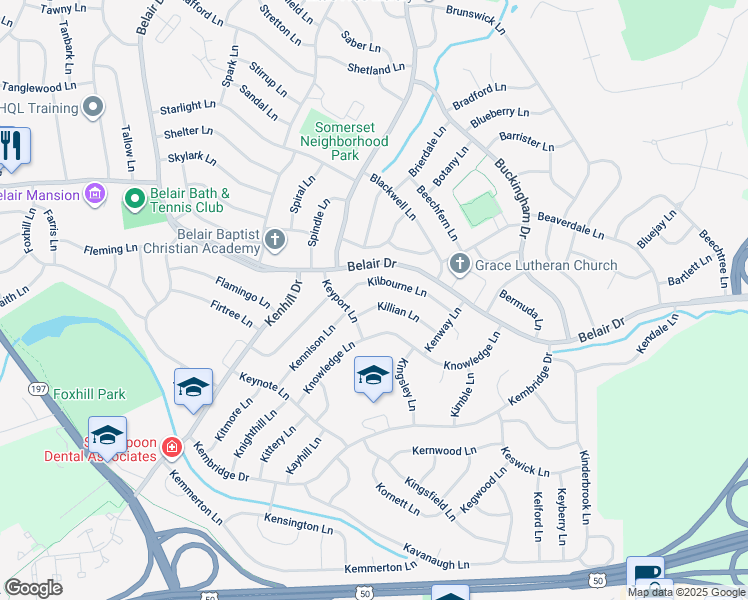 map of restaurants, bars, coffee shops, grocery stores, and more near 12506 Killian Lane in Bowie