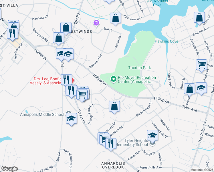 map of restaurants, bars, coffee shops, grocery stores, and more near 300 Hilltop Lane in Annapolis