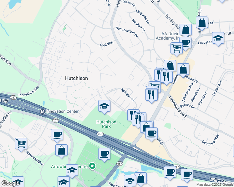 map of restaurants, bars, coffee shops, grocery stores, and more near 2201 Chamblee Place in Herndon