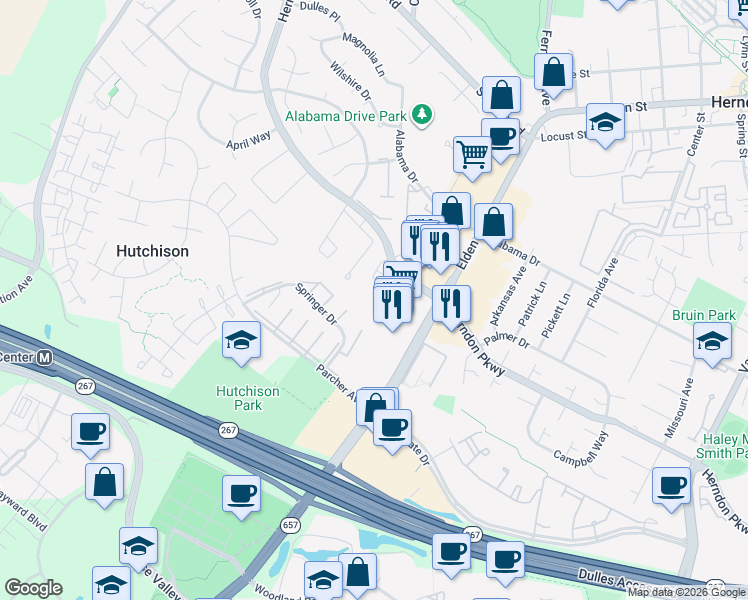 map of restaurants, bars, coffee shops, grocery stores, and more near 2136 Glacier Rd in Herndon