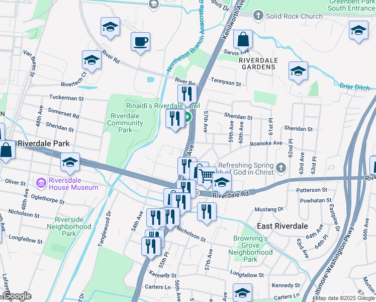 map of restaurants, bars, coffee shops, grocery stores, and more near Kenilworth Avenue in Riverdale Park