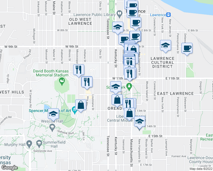 map of restaurants, bars, coffee shops, grocery stores, and more near 1121 Tennessee Street in Lawrence