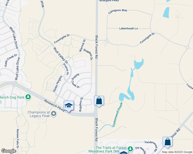 map of restaurants, bars, coffee shops, grocery stores, and more near 9010 Black Forest Road in Colorado Springs