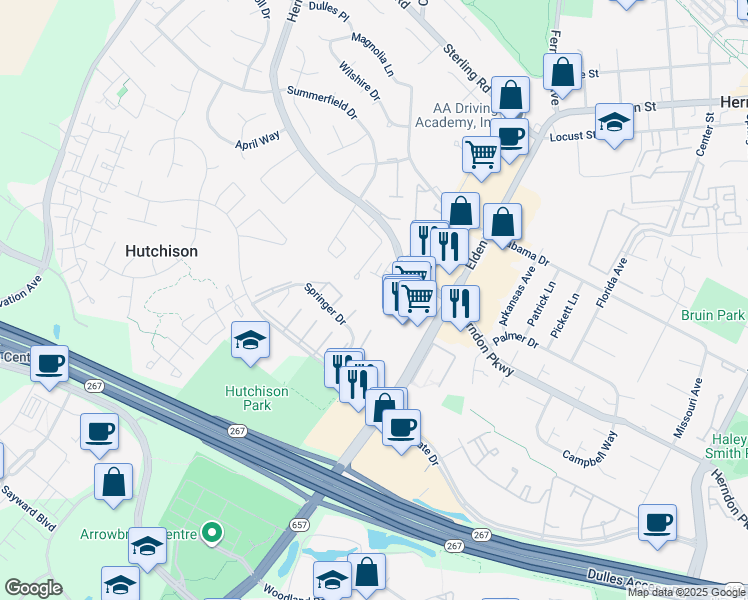 map of restaurants, bars, coffee shops, grocery stores, and more near 2174 Glacier Road in Herndon