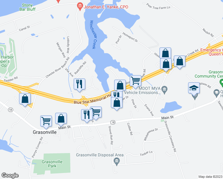 map of restaurants, bars, coffee shops, grocery stores, and more near 305 Winchester Creek Road in Grasonville