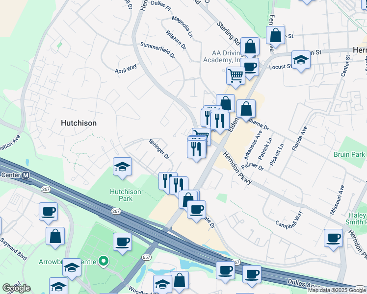 map of restaurants, bars, coffee shops, grocery stores, and more near 2174 Glacier Road in Herndon