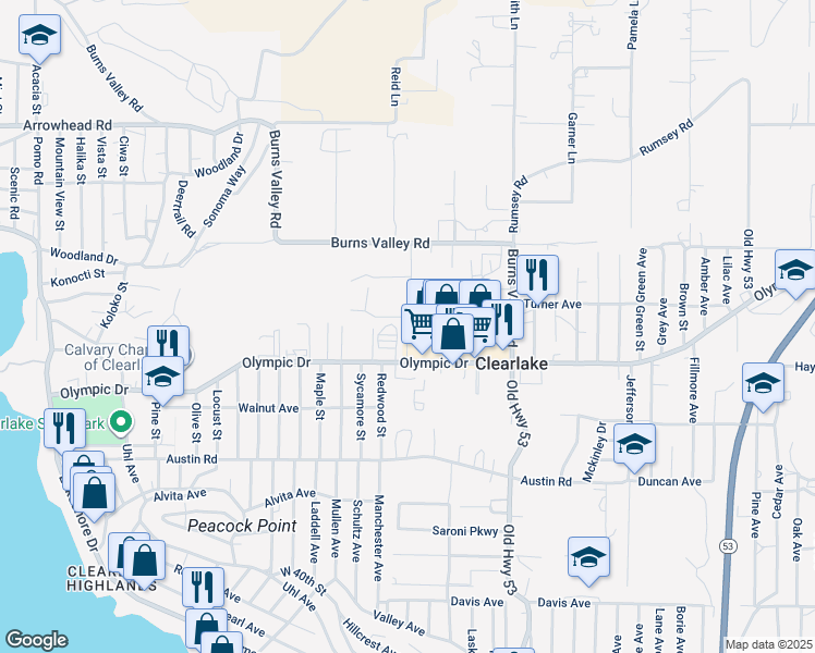 map of restaurants, bars, coffee shops, grocery stores, and more near 14760 Olympic Drive in Clearlake