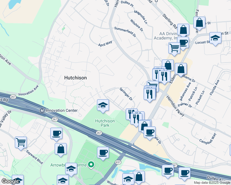 map of restaurants, bars, coffee shops, grocery stores, and more near 2201 Chamblee Place in Herndon