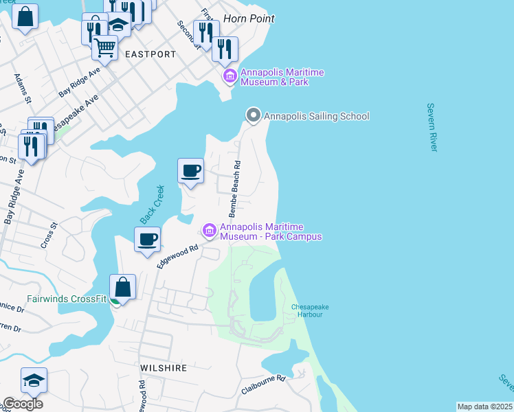 map of restaurants, bars, coffee shops, grocery stores, and more near 7101 Bay Front Drive in Annapolis
