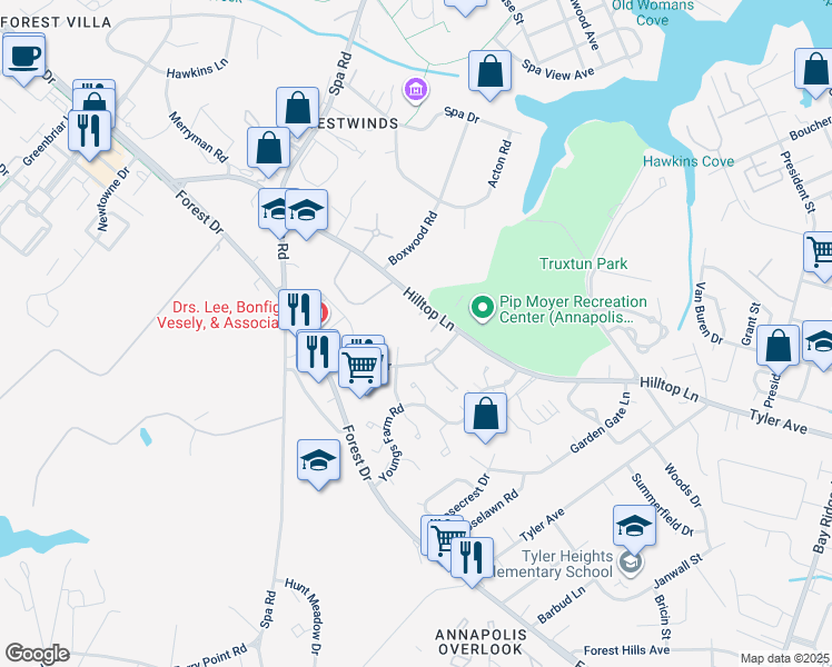 map of restaurants, bars, coffee shops, grocery stores, and more near 280 Hilltop Lane in Annapolis