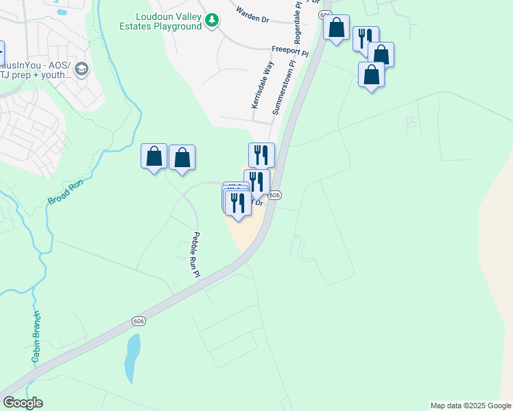 map of restaurants, bars, coffee shops, grocery stores, and more near 23510 Overland Drive in Sterling
