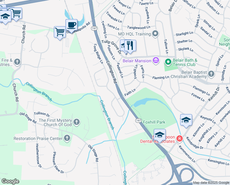 map of restaurants, bars, coffee shops, grocery stores, and more near 12116 Long Ridge Lane in Bowie