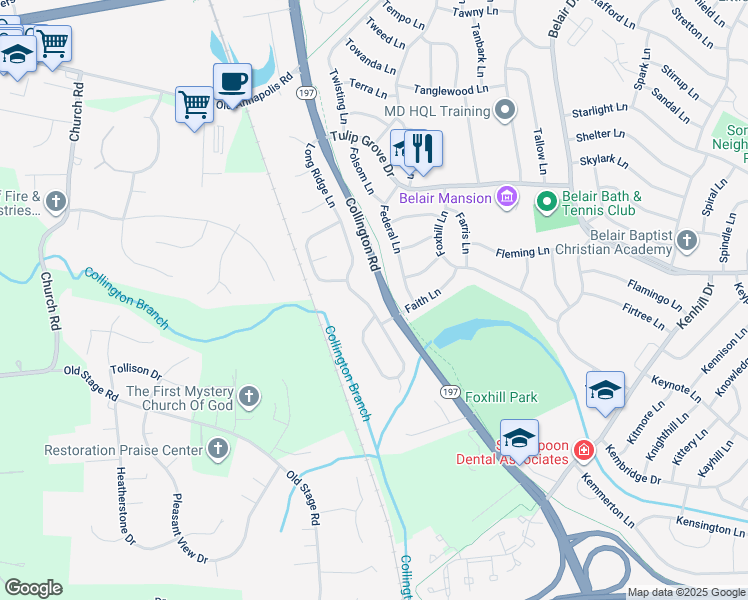 map of restaurants, bars, coffee shops, grocery stores, and more near 12116 Long Ridge Lane in Bowie