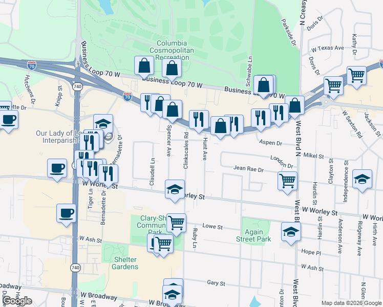 map of restaurants, bars, coffee shops, grocery stores, and more near 705 Hunt Avenue in Columbia