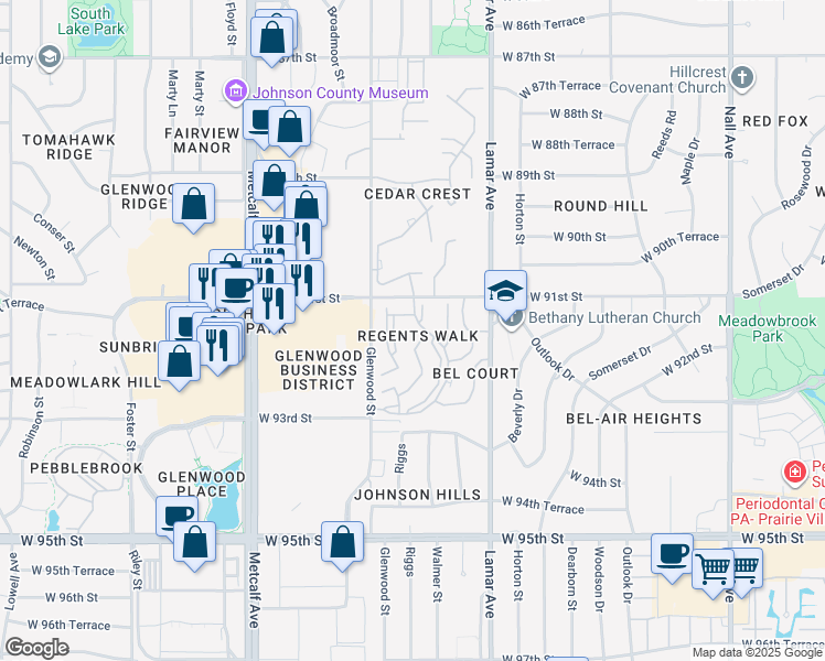 map of restaurants, bars, coffee shops, grocery stores, and more near 9126 Riggs Lane in Overland Park