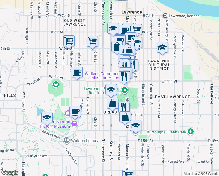 map of restaurants, bars, coffee shops, grocery stores, and more near 1134 Kentucky Street in Lawrence
