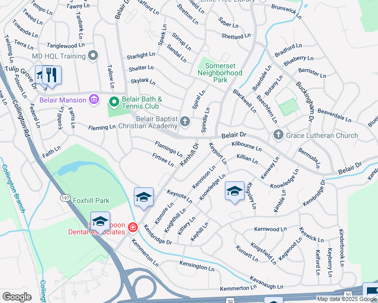 map of restaurants, bars, coffee shops, grocery stores, and more near 2706 Kenhill Drive in Bowie