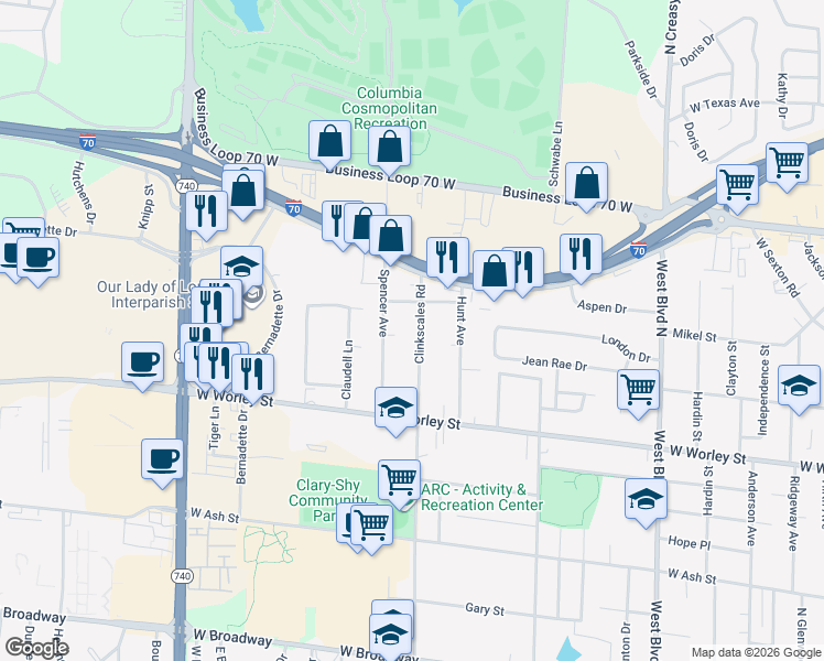 map of restaurants, bars, coffee shops, grocery stores, and more near 707 Clinkscales Road in Columbia