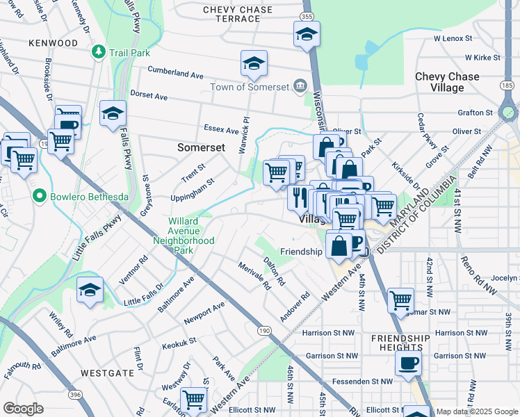 map of restaurants, bars, coffee shops, grocery stores, and more near 4620 North Park Avenue in Chevy Chase