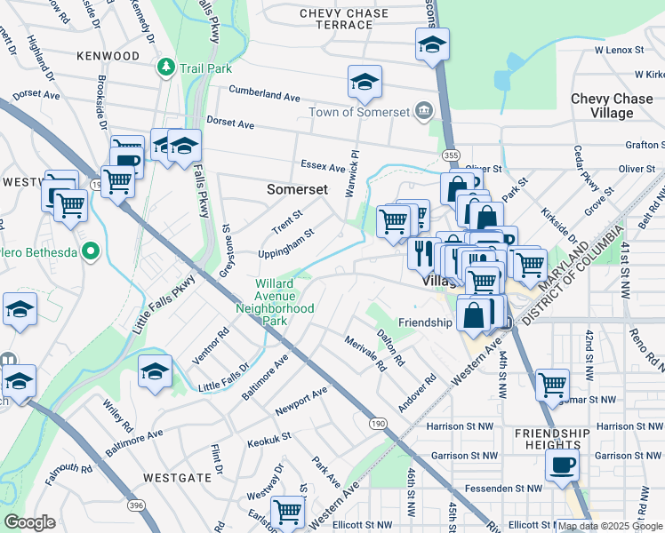 map of restaurants, bars, coffee shops, grocery stores, and more near 4701 Willard Avenue in Chevy Chase